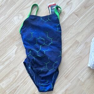 Speedo Endurance Blue and Green Hexagon Swimsuit